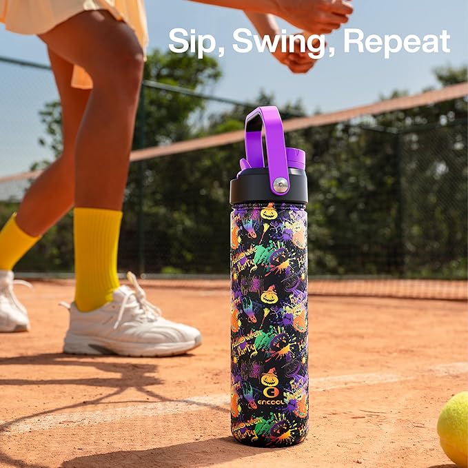 ENCOOL Insulated Water Bottle with Straw Stainless Steel Water Bottle, Leak-Proof, BPA-Free, Double Wall Vacuum Keeps Cold for 24 Hours for Sports, Travel, School (26 oz, Ghost Party)