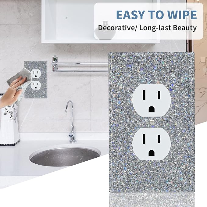 Deep Silver Glitter Outlet Covers - Sparkling Wall Plate 5.1"x3.15", Unique Gift for Her, Housewarming, Birthday, Home Decor,Single Duplex