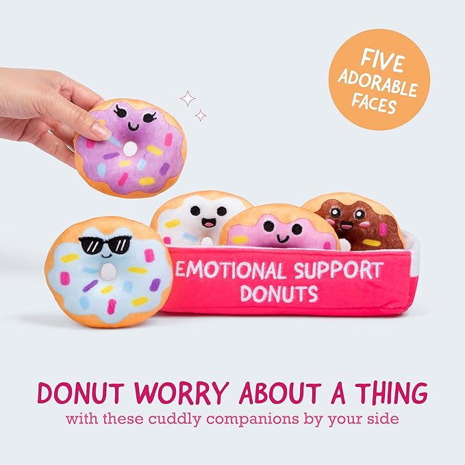 WHAT DO YOU MEME? Emotional Support Donuts by Relatable, Cuddly Stuffed Animals and Toys, Squishy Toys and Plushies, Great Ideas for Loved Ones of All Ages, Includes 5 Plushies with Carrying Basket