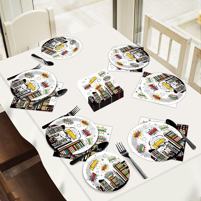 200pcs Super Party Plates Napkins Forks Hero Theme Party Tableware Set Hero Action Sign Party Disposable Paper Dessert Cake Dinnerware Boy Girl Happy Birthday Party Baby Shower Decor Supplies Serve 50