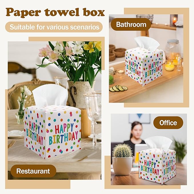 Leather Tissue Box Cover Holder, Watercolor Polka Dots Tissue Box Cover Square with Belt Bottom, Birthday Gifts Idea, Birthday Party Bathroom, Home Office Car Decorations
