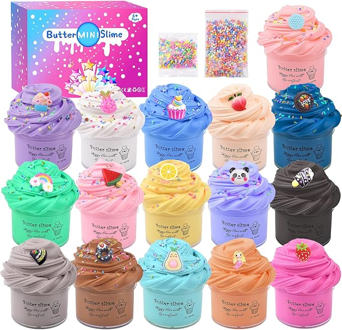 16 Pack Mini Butter Slime Kit for Kids, with Watermelon, Lemon, Cherry, Slime Accessories, Stress Relief Toys for Girls and Boys, for Kid Party, Play Education and Birthday Gift.