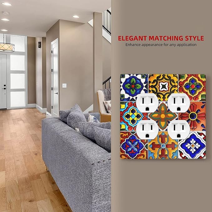 Vintage Colorful Boho Mexican Moroccan Tile Outlet Covers 2 Gang Double Duplex Decorative Light Switch Covers Electrical Wallplates Socket Faceplate for Farmhouse Home Decor