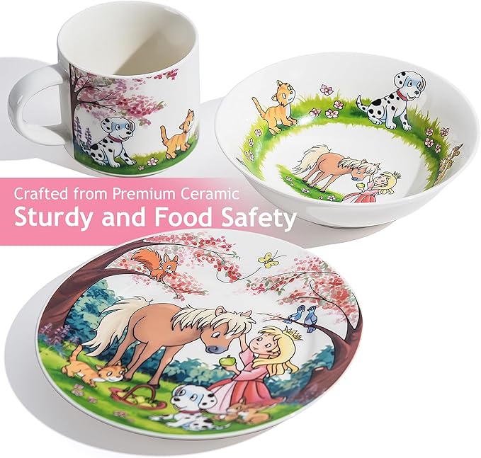 MIAMIO – Set of 3 Kids Dinnerware Set/Porcelain Children Dishes, Kids Dish Set, Children’s Tableware Set - Includes Plate, Bowl and Cup – For Kids and Toddler (Princess)