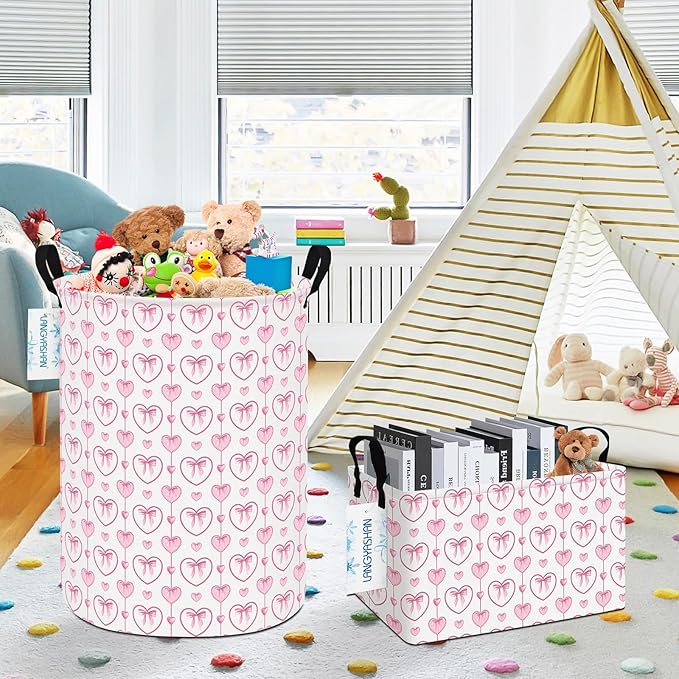 LANGYASHAN Rectangular Storage Bin Collapse Canvas Fabric Cartoon Storage Basket with Handles for Organizing Home Kitchen Boys and Girls Toys Office Closet Shelf Baskets (Rec Pearl Heart)