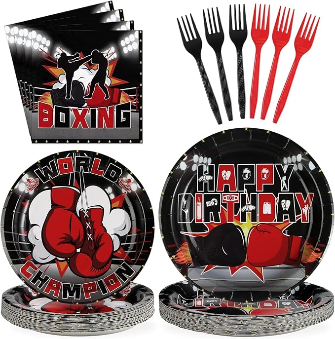 Grencian 96Pcs Boxing Birthday Party Supplies World Champion Plates and Napkins Fight Sports Wrestling Tableware Set for Boxing Birthday Party Supplies Serves 24
