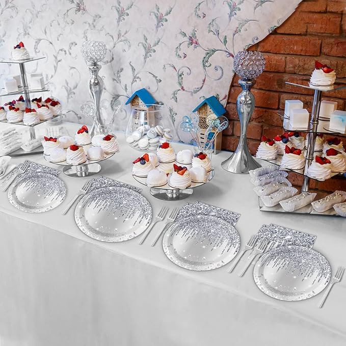 96 Pieces Silver Glitter Party Tableware Set for Denim and Diamonds Party Decorations Silver Plates and Napkins Forks Glitter Diamonds Theme Birthday Table Decorations for 24 Guests Parties Supplies