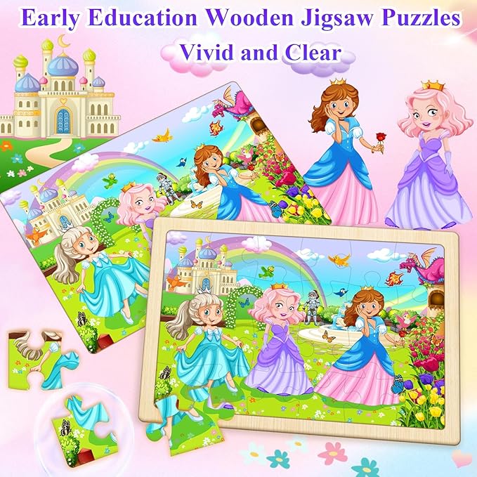 Wooden Puzzles for Kids Ages 4-6, 4 Pack with 24 Pieces Unicorn, Mermaid, Princess, Elf Wooden Puzzles for Toddlers Set, Educational & Learning Puzzles, Gifts for 3 4 5 6 Year Old Boys Girls