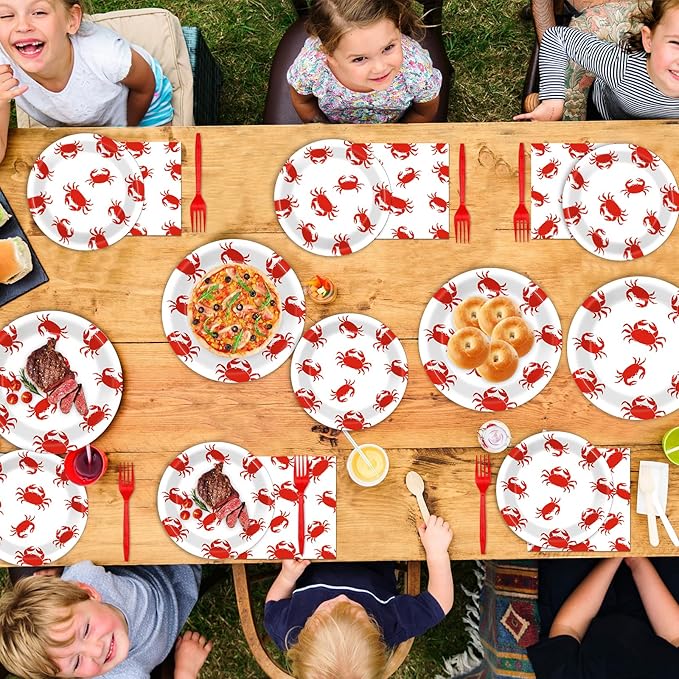 Qyeahkj 100 Pcs Crab Party Decoration Set - Paper Plate Napkin Fork Set for Summer Crab Dinnerware Tableware Supplies - Serves 25