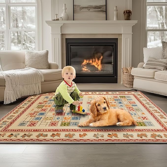 Geometric Rectangular Snake Ladder Non-Slip Rug 6 x 8 ft Low Pile Washable Flannel Area Rug, Beige Super Soft Indoor Fuzzy Carpet for Bedroom Living Room Home Decor Runner