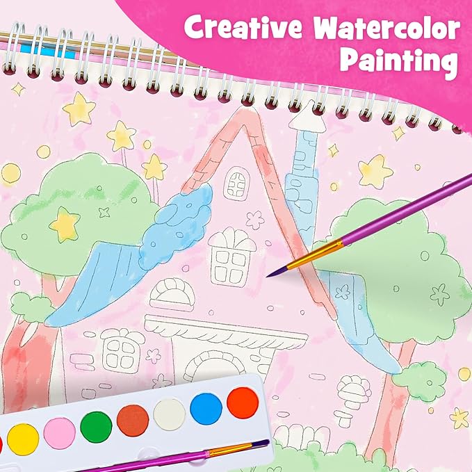 JCREN Paint with Water Books for Kids, Watercolor Coloring Book Mess Free Watercolor Painting Set, Arts and Crafts Water Color Paint Kit Birthday Gifts for Kids Toddlers 3-5 Boys Girls(House)