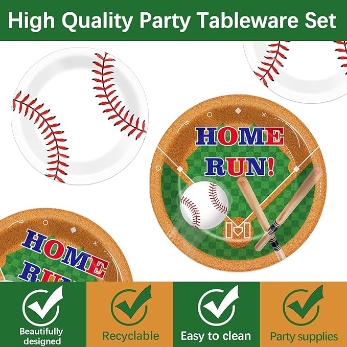 CHUNNIN 96pcs Baseball Birthday Party Plates and Napkins for Baseball Party Supplies Sports Birthday Party Disposable Paper Plates Tableware Set for 24 Guests Baseball Game Party Decorations