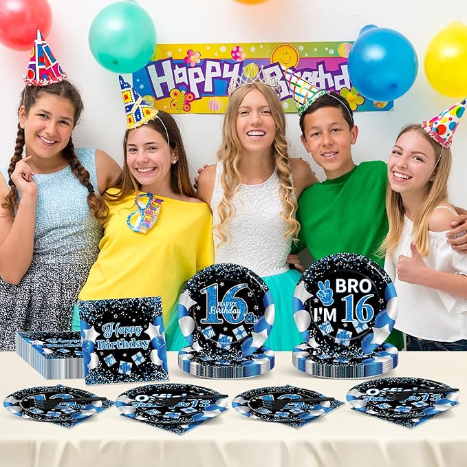Qyeahkj 100 Pcs 16th Birthday Decorations for Boys Official Teen Supplies Plate Napkin Forks Set Disposable Blue 16th Birthday Tableware Paper Plates Dinnerware for Kids Teenager Favors Serve 25