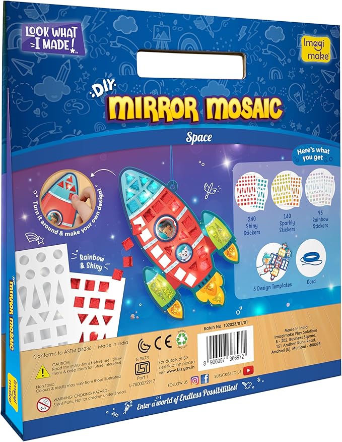 Imagimake Mirror Mosaic Space Theme Kids Art Set | DIY Craft Kit with Foil Stickers | Travel Kids Activities | Arts and Crafts for Kids 4-6 | Birthday Gift for Boys and Girls Ages 3,4,5,6,7,8