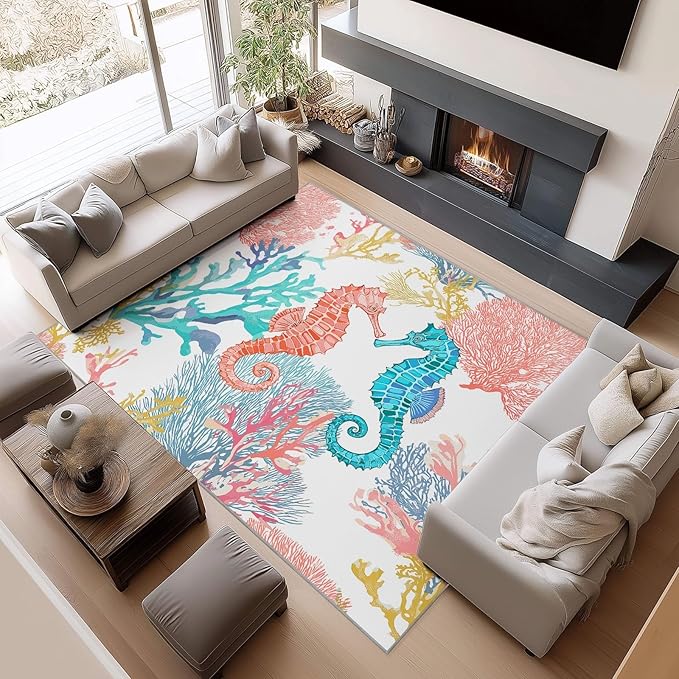 Washable Ocean Coral Seahorse Area Rugs 7×7ft Watercolor Style Non-Slip Floor Carpet for Kids Room Living Room Bedroom, Dining Room Home Office