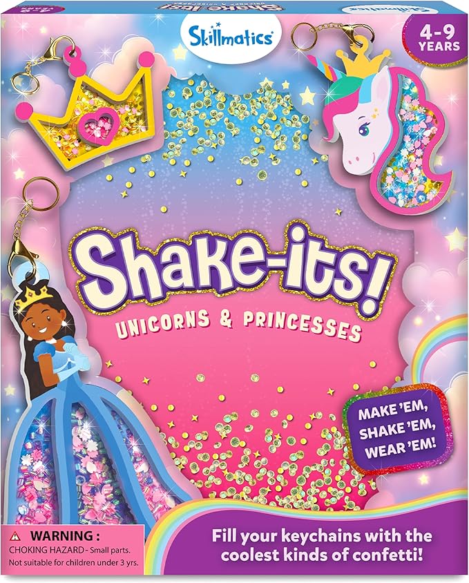 Skillmatics Shake-its – Glitter Craft Kit for Kids, DIY Arts & Crafts with Keychains, Mess-Free Activity, Unicorns & Princesses, Travel Toy, Birthday Gift for Girls & Boys Ages 4, 5, 6, 7, 8, 9