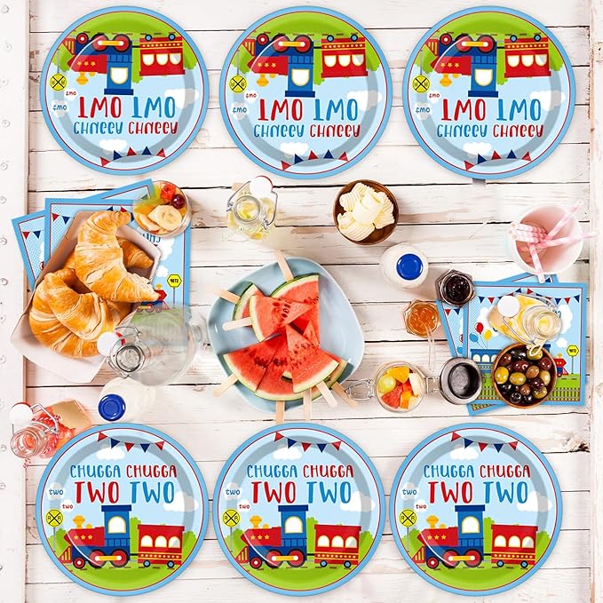 Qyeahkj 24 Guests Chugga Chugga Two Two Birthday Party Paper Plates Napkins Tablecloth Supplies Set Train 2nd Disposable Tableware Dinnerware Decorations Favors for Boys Girls Birthday Party