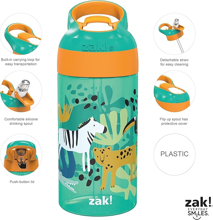 Zak Designs 16oz Riverside Kids Water Bottle with Spout Cover and Built-in Carrying Loop, Made of Durable Plastic, Leak-Proof Water Bottle Design for Travel (Dino Camo & Safari, Pack of 2)