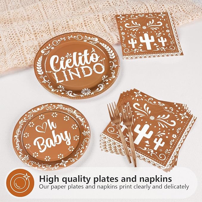 Grencian 96 Pcs Cielito Lindo Baby Shower Decorations Brown Mexican Theme Plates and Napkins Tableware Sets Cielito Lindo Decorations for Cinco de Mayo Boys Girls Baby Shower Party Serves 24