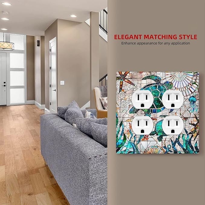 Summer Nautical Mosaic Turtles 2-Gang Device Duplex Wall Plate, Beach Tropical Ocean Wild Life Marine Compass Decorative Two Gang Double Duplex Receptacle Socket Outlet and Light Switch Cover Plate