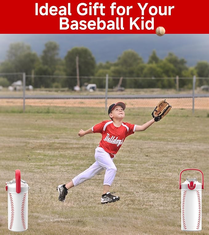 MYFOREST 14oz/400ml Insulated Kids Water Bottle, Odor-Free Surgical Grade Liner, Dishwasher-Safe, Name Spot, Soft Sipper, Gift for Sports Fan (Baseball)