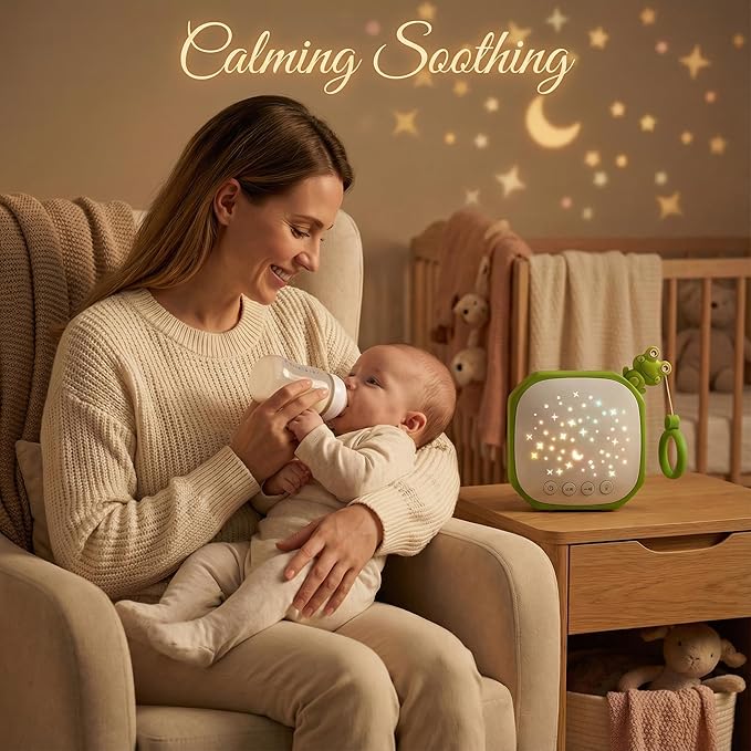 White Noise Sound Machine Baby with Star Projector | Portable Sleep Music Sound with Hook for Nursery, Bedroom, Travel, Infant, The Best Gift for Baby (Frog)