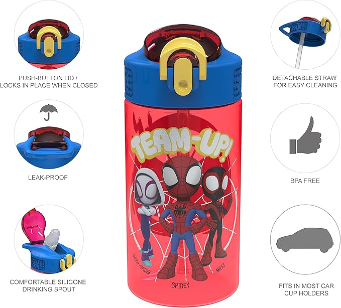 Zak Designs Marvel Spider-Man Kids Water Bottle with Spout Cover and Carrying Loop, Durable Plastic, Leak-Proof Water Bottle Design for Travel (16 oz, 2-Pack, Spidey and His Amazing Friends)