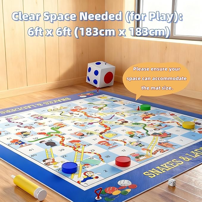Giant Snakes and Ladders Floor Game for Kids - 5.8 ft Extra-Large Indoor Outdoor Mat with Game Pieces & Inflatable Dice, Family Night Board Game Set, Birthday Toy for 3+ Year Old Boys and Girls
