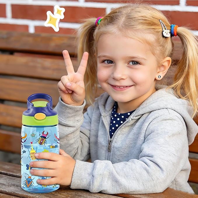 14oz Kids Water Bottle with Straw - Ladybug Water Bottle For School Leakproof Lightweight Durable Plastic Bottles with Straw for Kids Travel, Gift Cup for Children, Pop-Up Spout Cover(Insect)