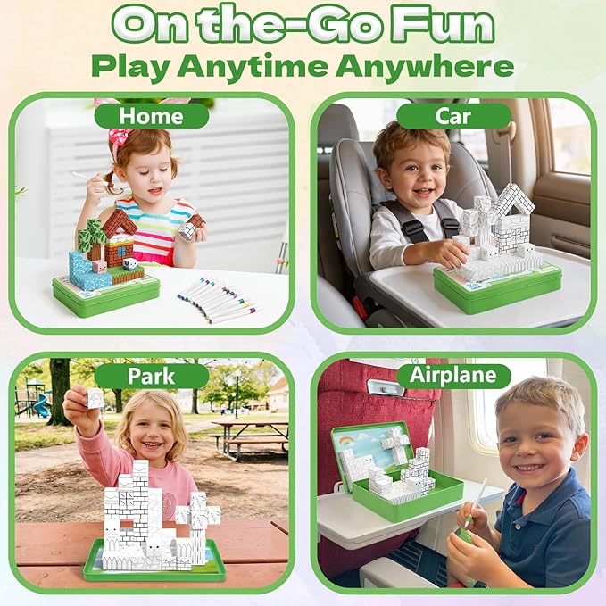 Intoypad Magnetic Blocks Painting Travel Toys for Kids, 48PCS Magnetic Building Blocks with 12 Paint Pens & Iron Box Art Craft Kits Magnet Blocks Cube Birthday Gifts for Boys Girls Road Trip Car Games