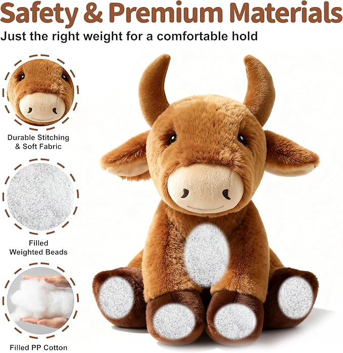 OROZCOR Bull Stuffed Animal, Cute Fluffy Cow Stuffed Animal 8.5in, Soft Longhorn Cow Plush Gifts for Kids Baby Girls Boys (Bull)