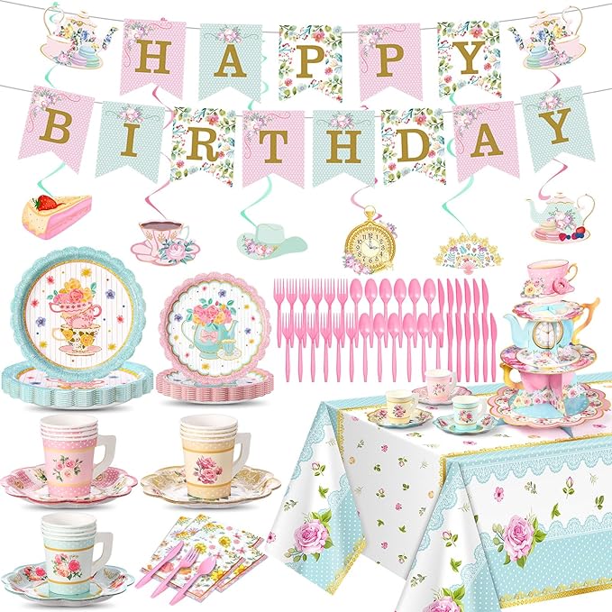 SiliFine 106 Pcs Tea Party Supplies for 12 Guests Include Plates Tea Cups Saucers Napkins Cupcake Stand Tablecloth Banners Floral Tea Party Tableware Set for Girls Birthday Baby Shower Party Favors