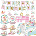 SiliFine 106 Pcs Tea Party Supplies for 12 Guests Include Plates Tea Cups Saucers Napkins Cupcake Stand Tablecloth Banners Floral Tea Party Tableware Set for Girls Birthday Baby Shower Party Favors