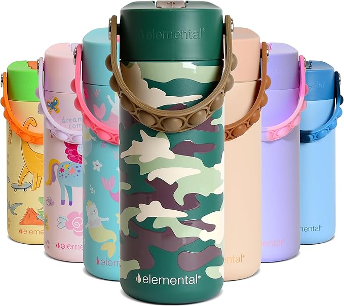 Elemental Insulated Kids Water Bottle, Stainless Steel Water Bottle with Straw Lid & Pop-It Handle, Leak-Proof Water Bottles for School, Boys or Girls, Travelling and Sports, 18oz - Green Camo