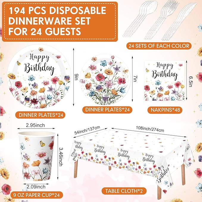Pickmesh 194 Pcs Wildflower Birthday Party Decorations Spring Floral Tableware Set for 24 Guests Wildflower Birthday Paper Plates and Napkins Cups Tablecloth Cutlery for Women Flower Party Supplies