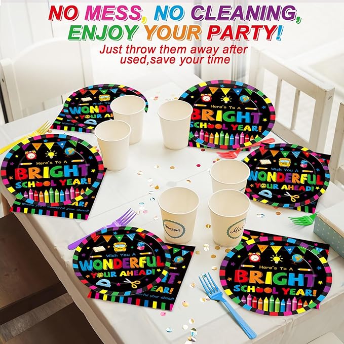 100PCS Back To School Decorations School Season Supplies Paper Plates Napkins Disposable Black Bottom Colorful Pattern Tableware Dinnerware for Student Birthday Picnic First Day of School Serves 25