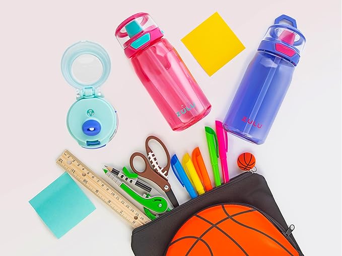 Zulu Kids Flex 16oz Tritan Plastic Water Bottle with Silicone Spout, Leak-Proof Locking Flip Lid and Soft Touch Carry Loop for School Backpack, Lunchbox, and Outdoor Sports, Pink