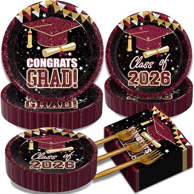 Kepeel 200Pcs 2026 Graduation Party Tableware Set, Maroon Gold Class of 2026 Party Decorations Supplies for Boys Girls Congratulate Graduation Disposable Paper Plates Napkins Forks Favors, Serve 50