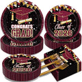 Kepeel 200Pcs 2026 Graduation Party Tableware Set, Maroon Gold Class of 2026 Party Decorations Supplies for Boys Girls Congratulate Graduation Disposable Paper Plates Napkins Forks Favors, Serve 50
