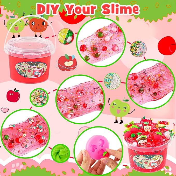 LAWOHO 300ml Apple Clear Slime with Clay, Red Slime Kit for Girls & Boys with 9 Packs Cute Add-Ins for Kids Party Favors, Non Stick Slime Making Kit for Birthday Halloween Christmas Easter Gifts