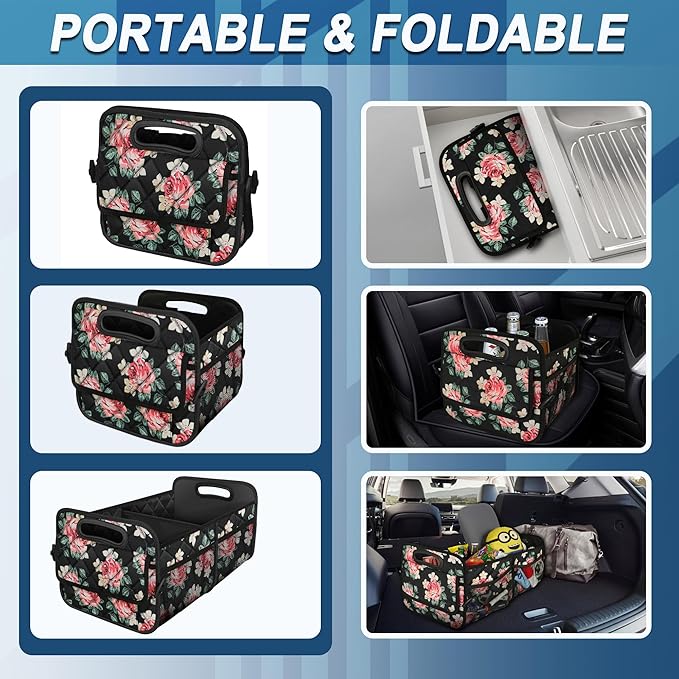 Deosk Trunk Organziers and Storage with 6 Big Pocket, 50L Waterproof Polyester Car Accessories for Women/Men (Medium, Floral)