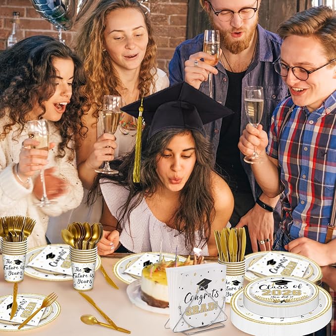 175 Pcs Graduation Tableware Set Party Supplies - Serves 25, Congrats Grad Class of 2026 Disposable Plates, Cups, Napkins, Forks, Spoons, Knives for High School, College Graduation, Prom Decorations