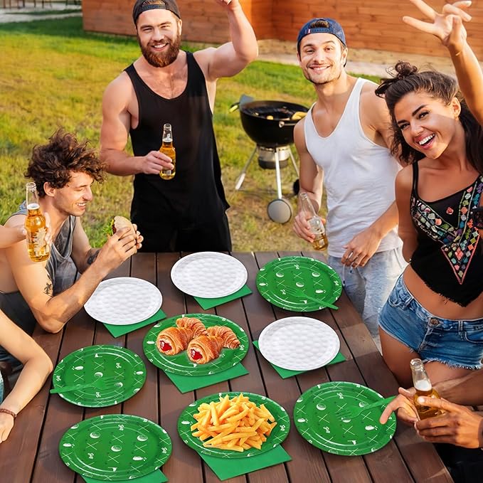 Qyeahkj 100 Pcs Golf Party Supplies Golf Ball Disposable Plates and Napkins Set Green White Sports Themed Paper Plates Dinnerware Kit for Sports Birthday Baby Shower Party Decorations Favors Serve 25
