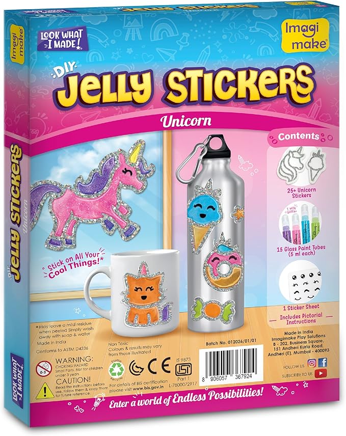 Imagimake DIY Jelly Stickers - Unicorn | 25+ Sticker Templates, Glass Paint | Art Kit for Kids Ages 3-7 | Craft Kits for Toddlers | Kids Activities | Unicorn Gifts for Girls Age 3,4,5,6,7 Years Old