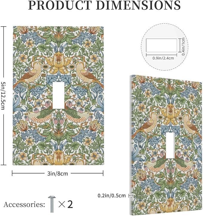 William Morris Strawberry Thrush Birds 1 Gang Light Switch Cover Single Toggle Wall Plate Vintage Floral Flowers Plant Decorative Electrical Switchplate Covers for Country Home Decor