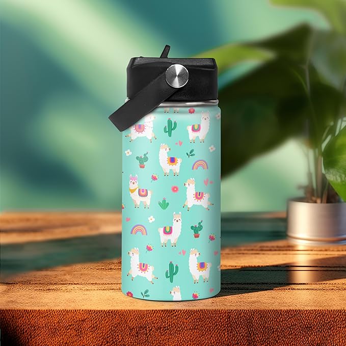 Kids Water Bottle Alpaca Llama Water Bottles 12oz with Straw Insulated Stainless Steel Travel School Tumbler Double Wall Vacuum Cup for Girls Kid
