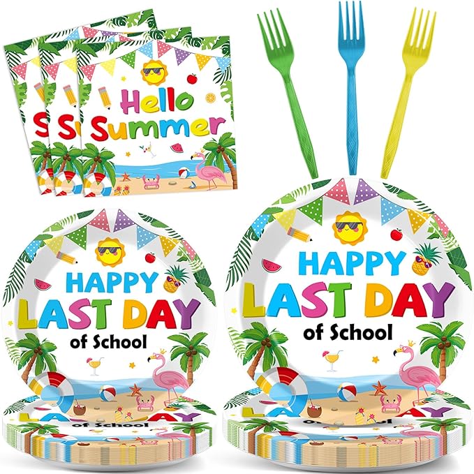 96 Pcs Happy Last Day of School Paper Party Plates and Napkins for Summer Tropical Beach Pool Supplies Summer End of School Year Dessert Tableware Set for 24 Guests Birthday Party Decorations