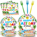 96 Pcs Happy Last Day of School Paper Party Plates and Napkins for Summer Tropical Beach Pool Supplies Summer End of School Year Dessert Tableware Set for 24 Guests Birthday Party Decorations