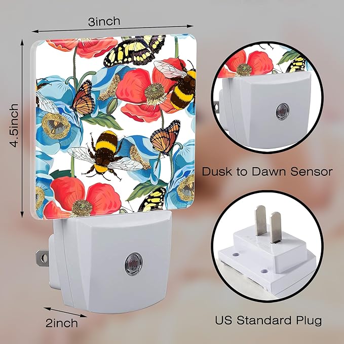 Red Poppy Flowers with Bee Butterflies Night Light for Kids,Bright Floral Insects Night Light Plug in with Dusk to Dawn Sensor,0.5w Energy Saving Nightlight for Hallway Stairway Kitchen Bedroom