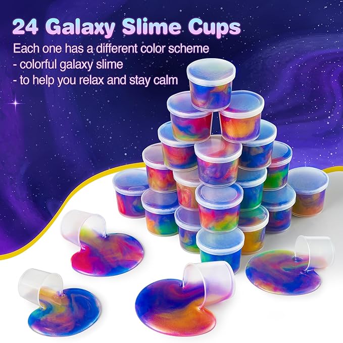 24 Pack Galaxy Slime Party Favors for Kids Slime Cup Bulk Stretchy & Non-Sticky DIY Stress Relief Putty Toy Birthday Halloween Christmas Stocking Stuffers, Classroom Reward for Girls Boys